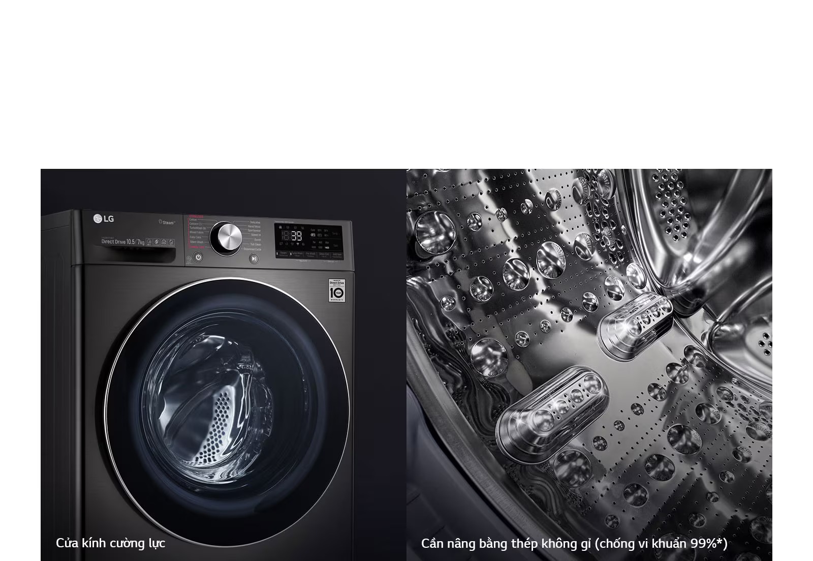 Máy giặt cửa trước LG màu đen với cửa kính cường lực và lồng giặt thép không gỉ chống vi khuẩn 99%